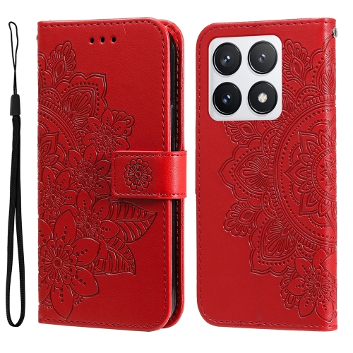 

For Xiaomi 14T Pro Seven-petal Flowers Embossing Leather Phone Case(Red)