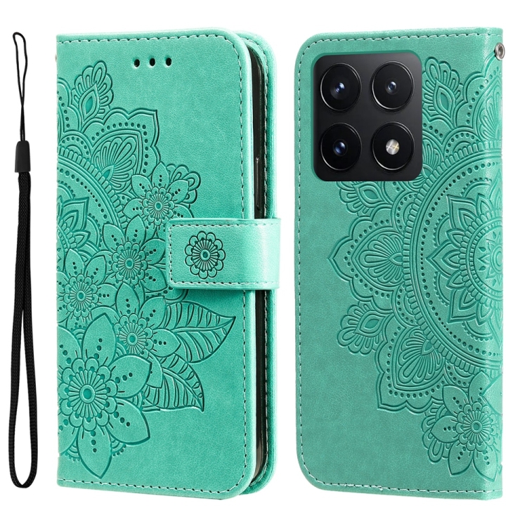 

For Xiaomi 14T Seven-petal Flowers Embossing Leather Phone Case(Green)
