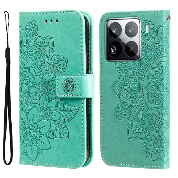 

For Xiaomi 15 Pro Seven-petal Flowers Embossing Leather Phone Case(Green)
