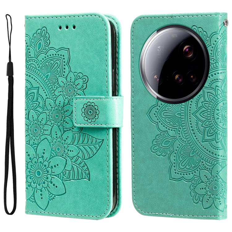 

For Xiaomi 15 Ultra Seven-petal Flowers Embossing Leather Phone Case(Green)