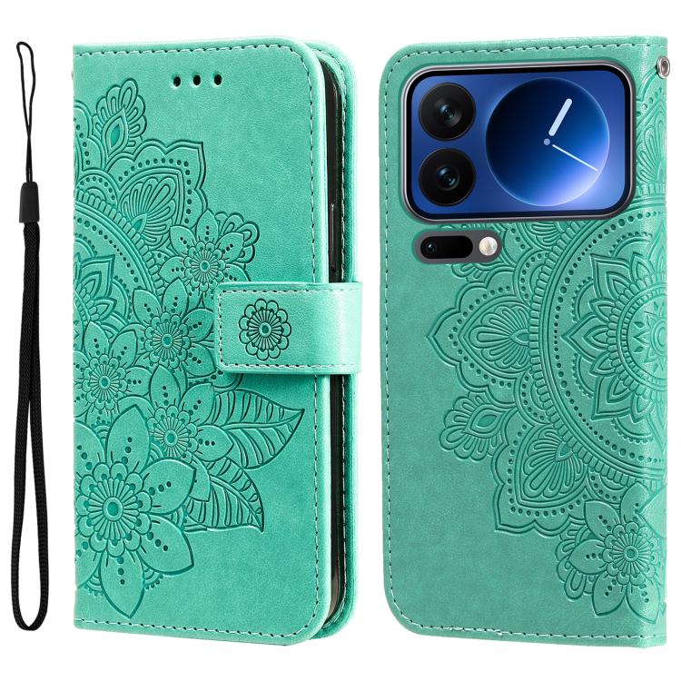 

For Xiaomi 17 Pro Seven-petal Flowers Embossing Leather Phone Case(Green)