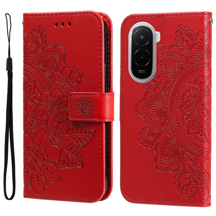

For Xiaomi Poco M7 4G 171mm Seven-petal Flowers Embossing Leather Phone Case(Red)