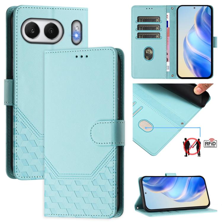 

For OnePlus Nord 4 5G Honeycomb Embossing RFID Leather Phone Case(Mint Green)