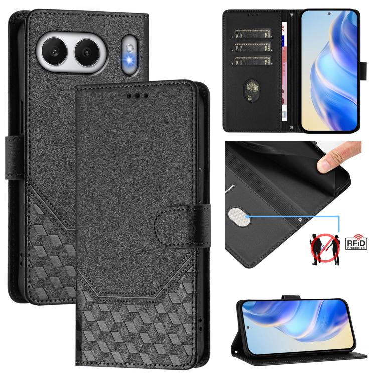 

For OnePlus Nord 4 5G Honeycomb Embossing RFID Leather Phone Case(Black)