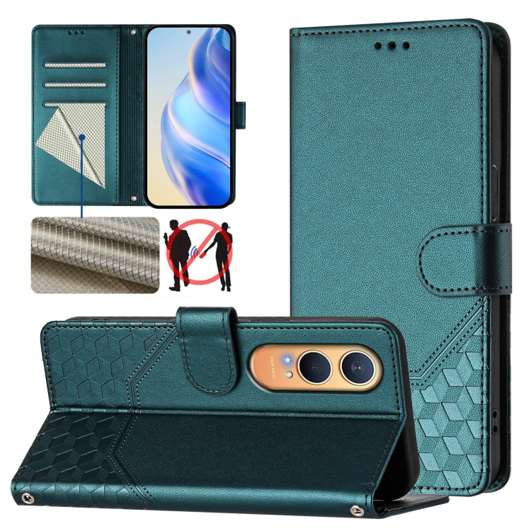 

For OnePlus Nord CE4 Lite Honeycomb Embossing RFID Leather Phone Case(Peacock Green)