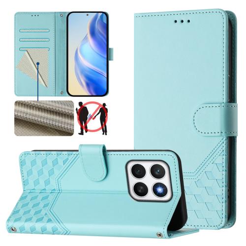 

For Honor X8c 4G Honeycomb Embossing RFID Leather Phone Case(Mint Green)