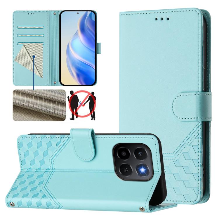 

For Honor X6c 4G Honeycomb Embossing RFID Leather Phone Case(Mint Green)