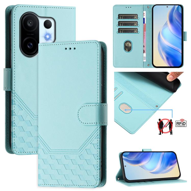 

For vivo S30 Pro mini Honeycomb Embossing RFID Leather Phone Case(Mint Green)
