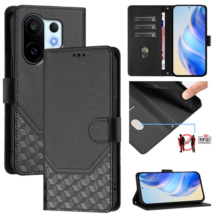 

For vivo S30 Pro mini Honeycomb Embossing RFID Leather Phone Case(Black)