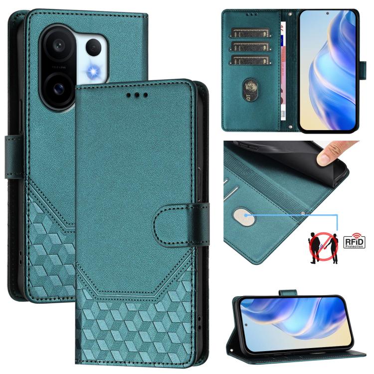 

For vivo S30 Pro mini Honeycomb Embossing RFID Leather Phone Case(Peacock Green)