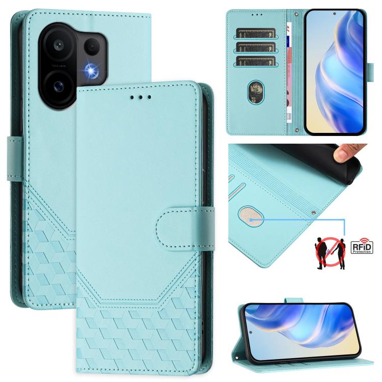 

For vivo S30 Honeycomb Embossing RFID Leather Phone Case(Mint Green)