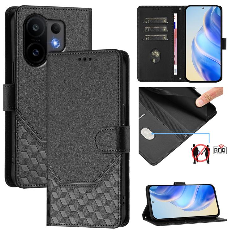 

For vivo S30 Honeycomb Embossing RFID Leather Phone Case(Black)