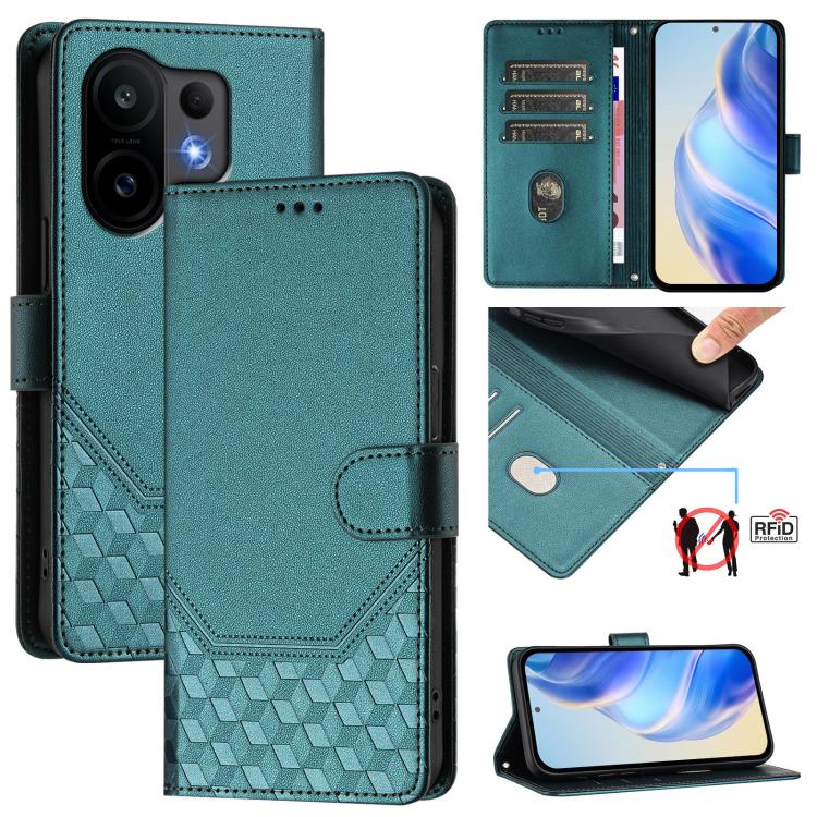 

For vivo S30 Honeycomb Embossing RFID Leather Phone Case(Peacock Green)