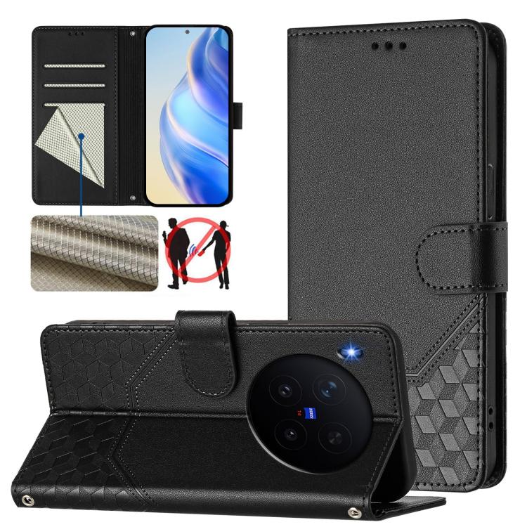 

For vivo X300 5G Honeycomb Embossing RFID Leather Phone Case(Black)