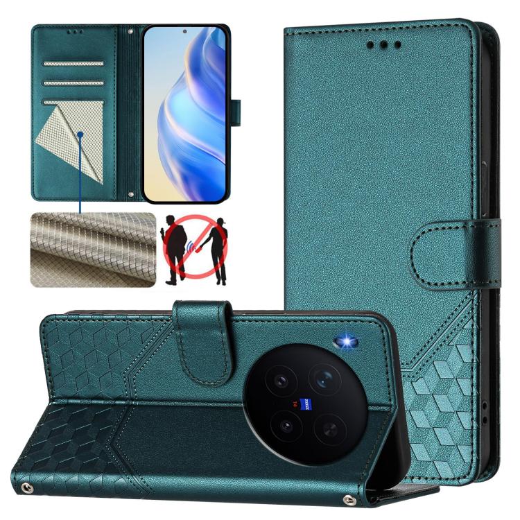 

For vivo X300 5G Honeycomb Embossing RFID Leather Phone Case(Peacock Green)