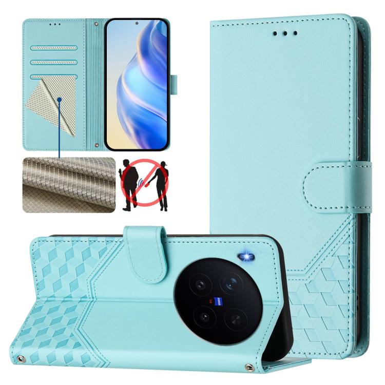 

For vivo X300 Pro 5G Honeycomb Embossing RFID Leather Phone Case(Mint Green)