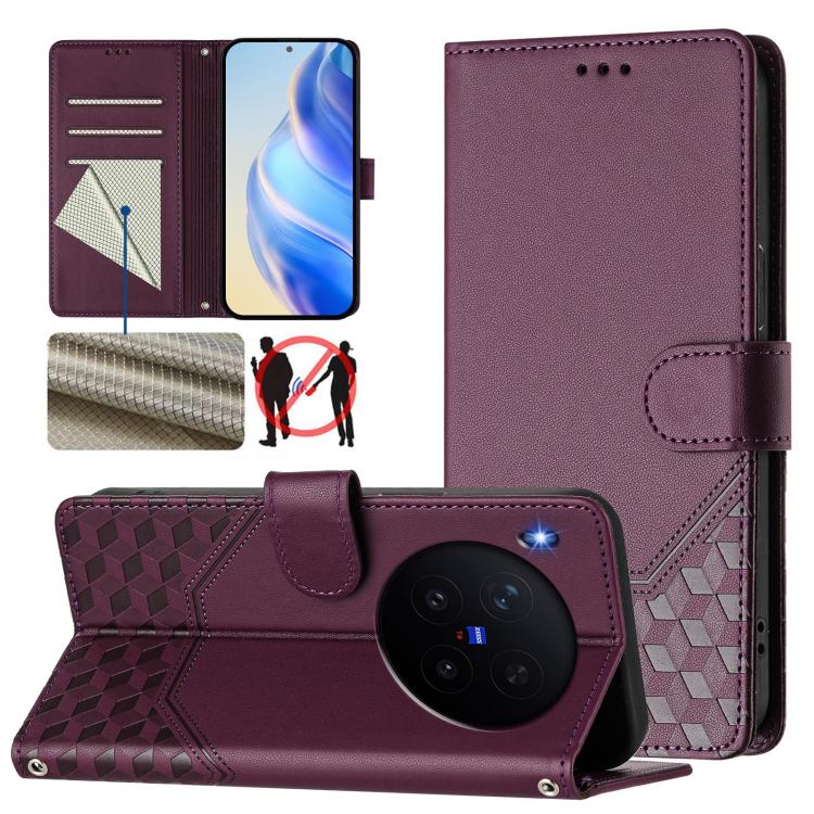 

For vivo X300 Pro 5G Honeycomb Embossing RFID Leather Phone Case(Violet)