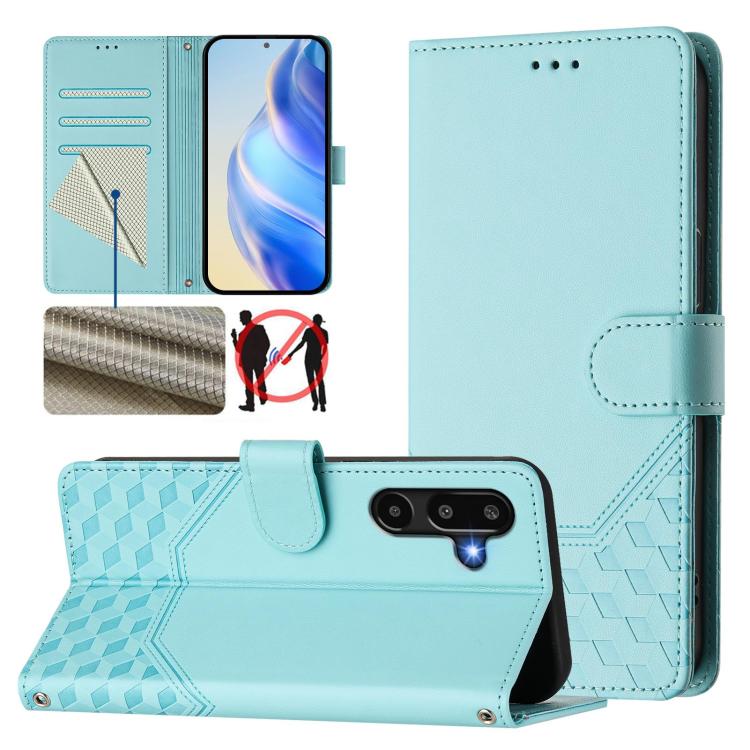 

For Samsung Galaxy F16 5G / M16 5G Global Honeycomb Embossing RFID Leather Phone Case(Mint Green)