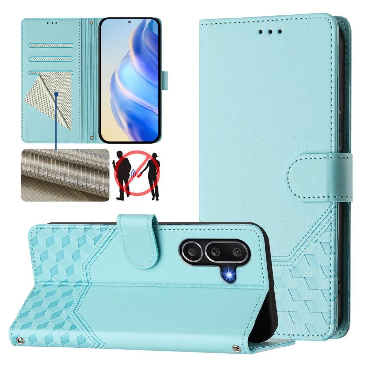 

For Samsung Galaxy M56 5G Honeycomb Embossing RFID Leather Phone Case(Mint Green)