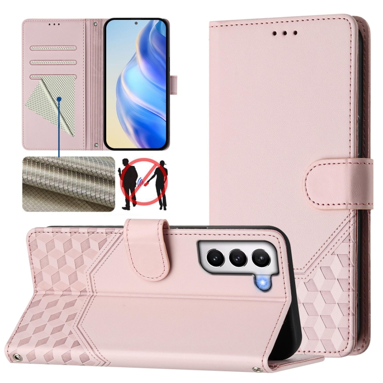 

For Samsung Galaxy S21 5G Honeycomb Embossing RFID Leather Phone Case(Pink)