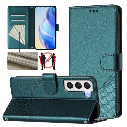 

For Samsung Galaxy S21 FE 5G Honeycomb Embossing RFID Leather Phone Case(Peacock Green)