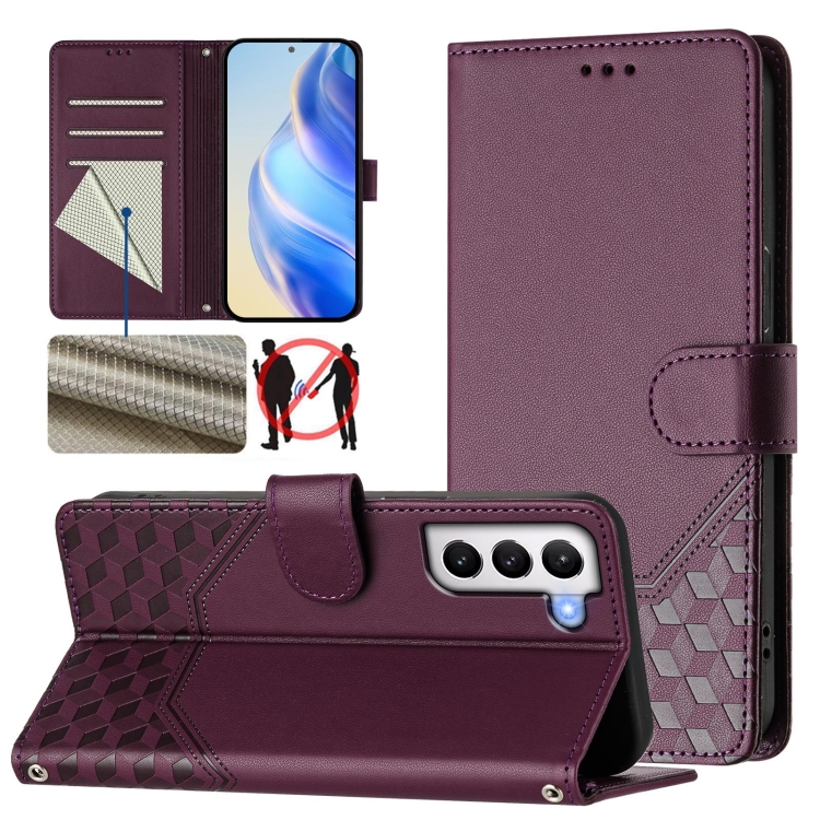 

For Samsung Galaxy S21+ 5G Honeycomb Embossing RFID Leather Phone Case(Violet)