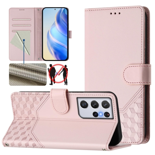 

For Samsung Galaxy S21 Ultra 5G Honeycomb Embossing RFID Leather Phone Case(Pink)