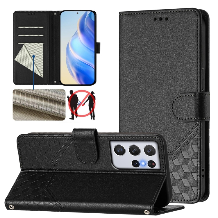 

For Samsung Galaxy S21 Ultra 5G Honeycomb Embossing RFID Leather Phone Case(Black)