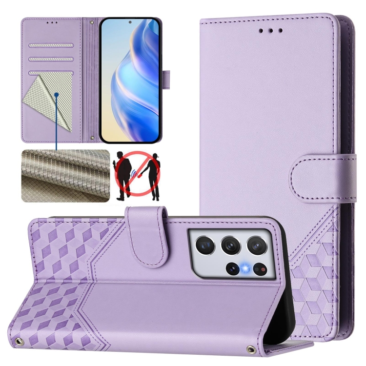 

For Samsung Galaxy S21 Ultra 5G Honeycomb Embossing RFID Leather Phone Case(Light Purple)