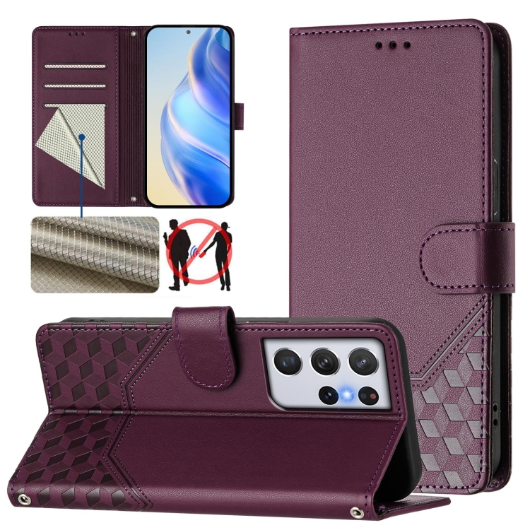 

For Samsung Galaxy S21 Ultra 5G Honeycomb Embossing RFID Leather Phone Case(Violet)