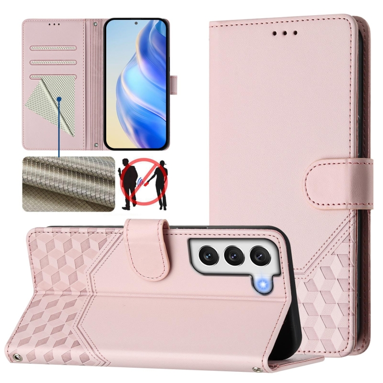 

For Samsung Galaxy S22 5G Honeycomb Embossing RFID Leather Phone Case(Pink)