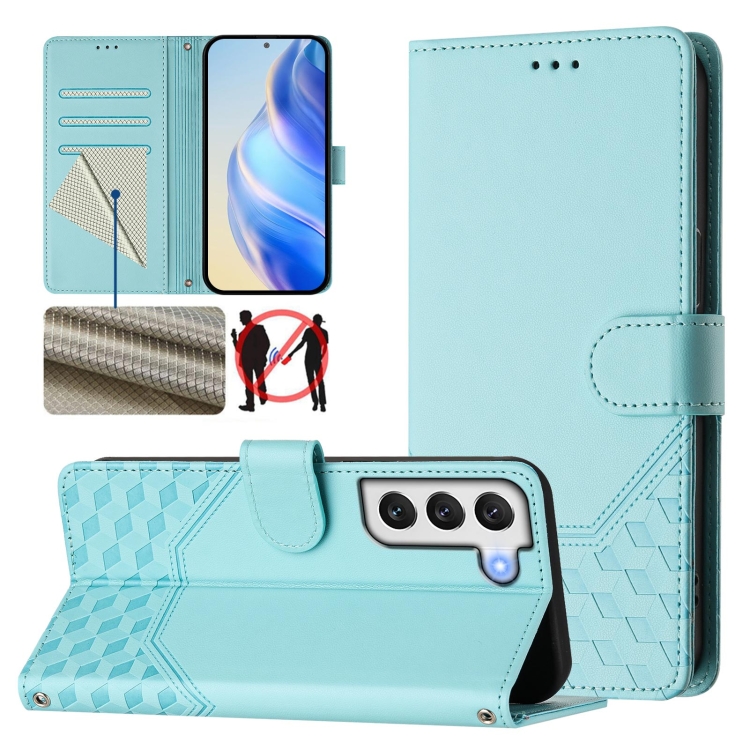 

For Samsung Galaxy S22+ 5G Honeycomb Embossing RFID Leather Phone Case(Mint Green)