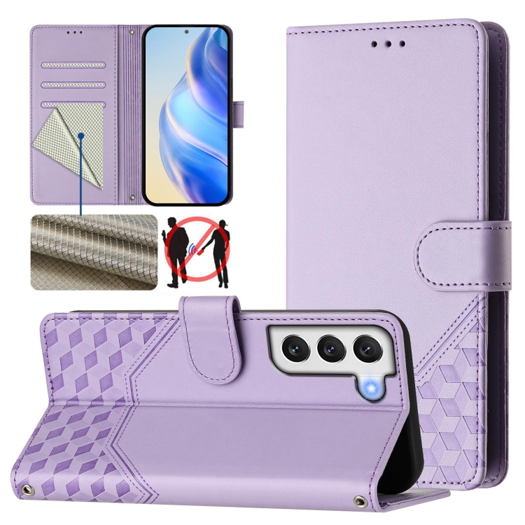 

For Samsung Galaxy S22+ 5G Honeycomb Embossing RFID Leather Phone Case(Light Purple)