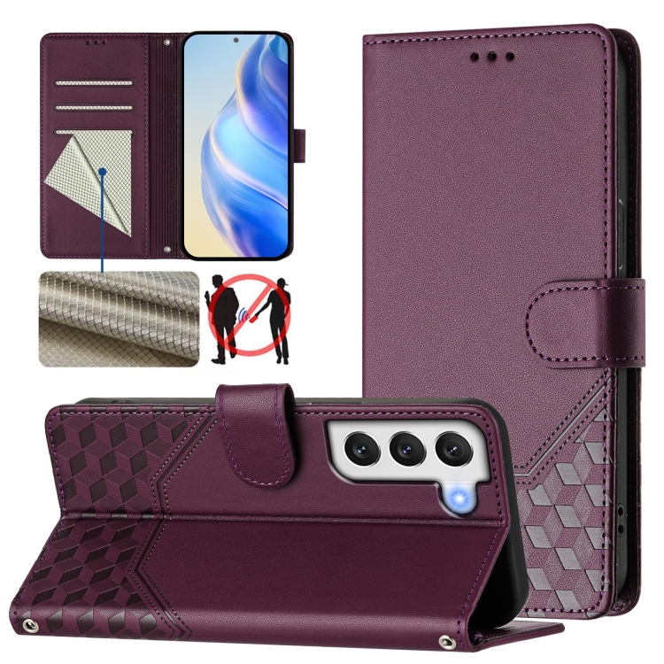 

For Samsung Galaxy S22+ 5G Honeycomb Embossing RFID Leather Phone Case(Violet)