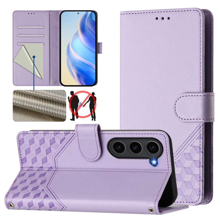 

For Samsung Galaxy S23+ 5G Honeycomb Embossing RFID Leather Phone Case(Light Purple)