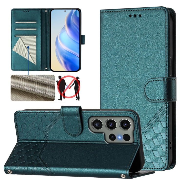 

For Samsung Galaxy S23 Ultra 5G Honeycomb Embossing RFID Leather Phone Case(Peacock Green)