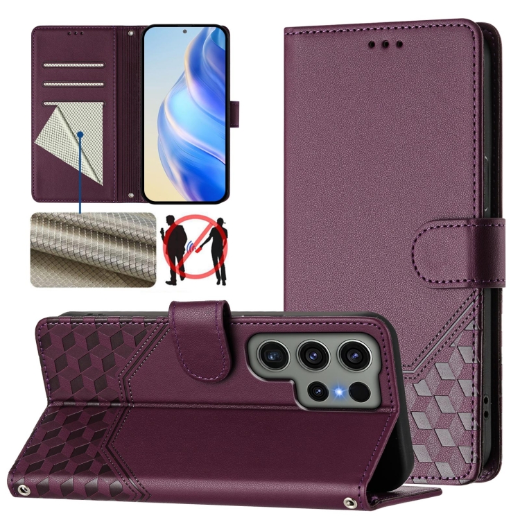 

For Samsung Galaxy S23 Ultra 5G Honeycomb Embossing RFID Leather Phone Case(Violet)