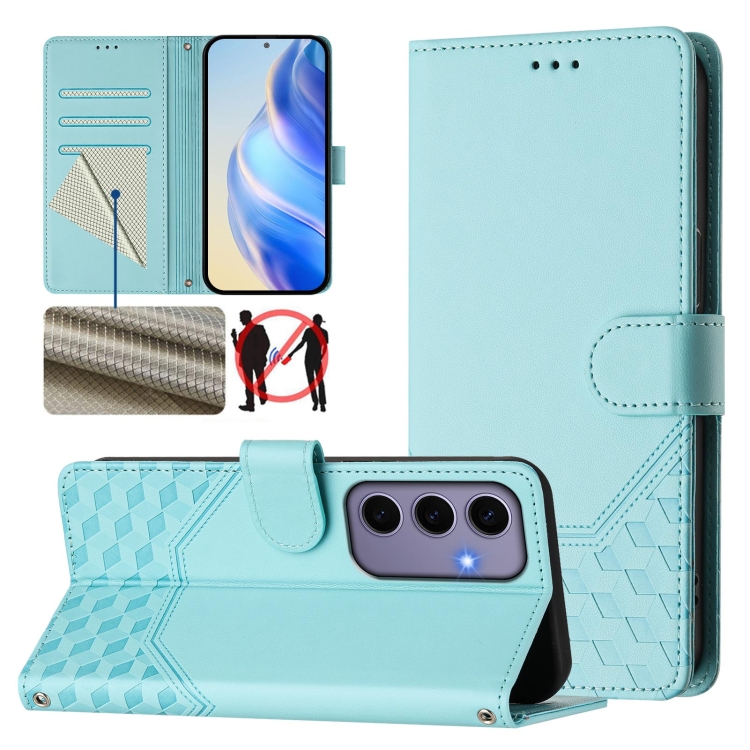

For Samsung Galaxy S24 5G Honeycomb Embossing RFID Leather Phone Case(Mint Green)