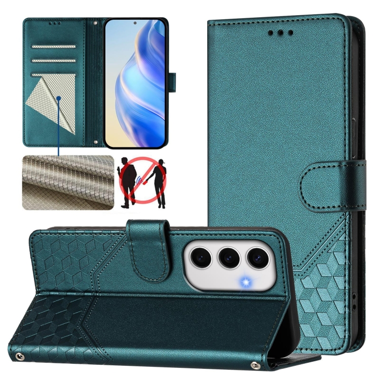 

For Samsung Galaxy S24 FE 5G Honeycomb Embossing RFID Leather Phone Case(Peacock Green)