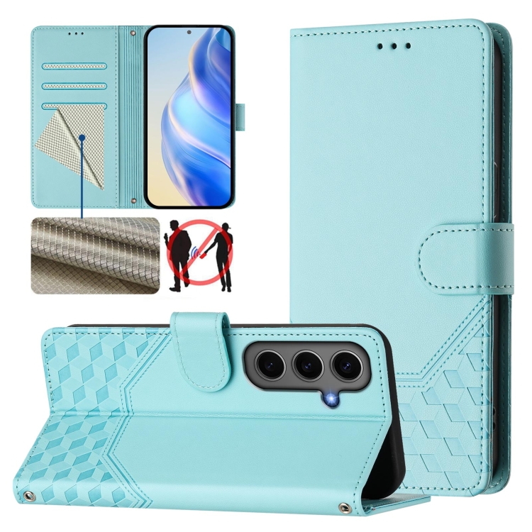 

For Samsung Galaxy S24+ 5G Honeycomb Embossing RFID Leather Phone Case(Mint Green)