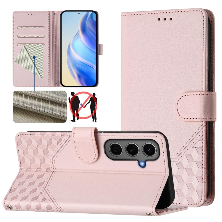 

For Samsung Galaxy S24+ 5G Honeycomb Embossing RFID Leather Phone Case(Pink)