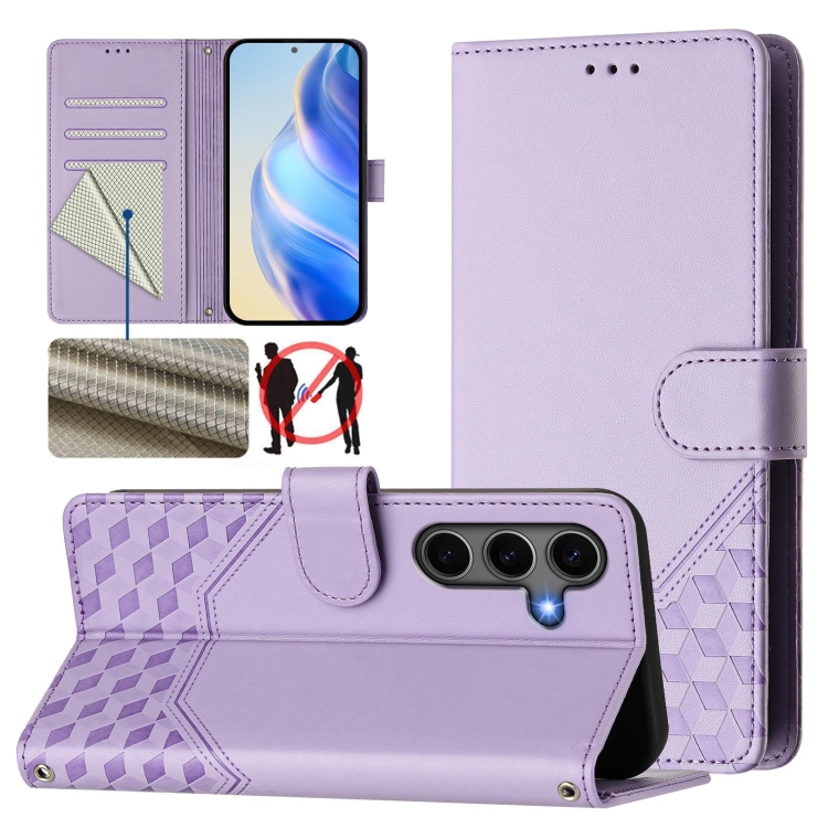 

For Samsung Galaxy S25 5G Honeycomb Embossing RFID Leather Phone Case(Light Purple)