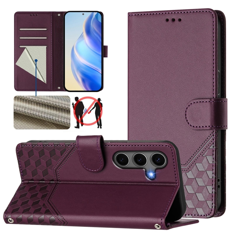 

For Samsung Galaxy S25 5G Honeycomb Embossing RFID Leather Phone Case(Violet)