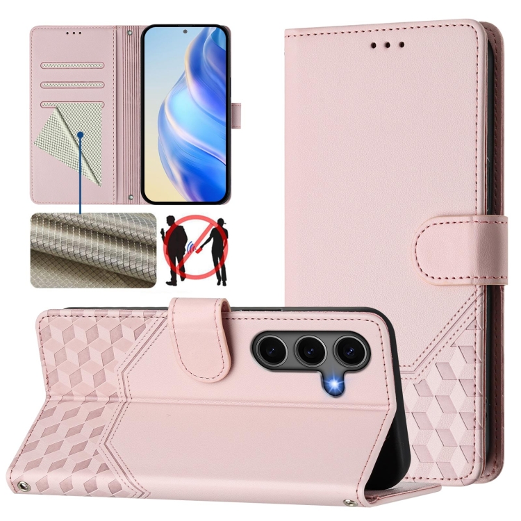 

For Samsung Galaxy S25+ 5G Honeycomb Embossing RFID Leather Phone Case(Pink)