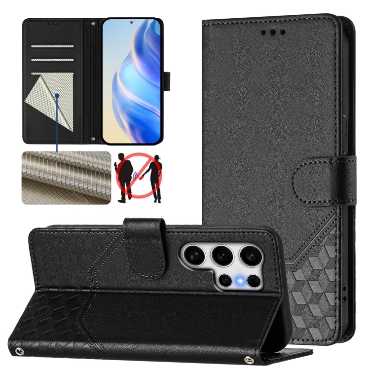 

For Samsung Galaxy S25 Ultra 5G Honeycomb Embossing RFID Leather Phone Case(Black)