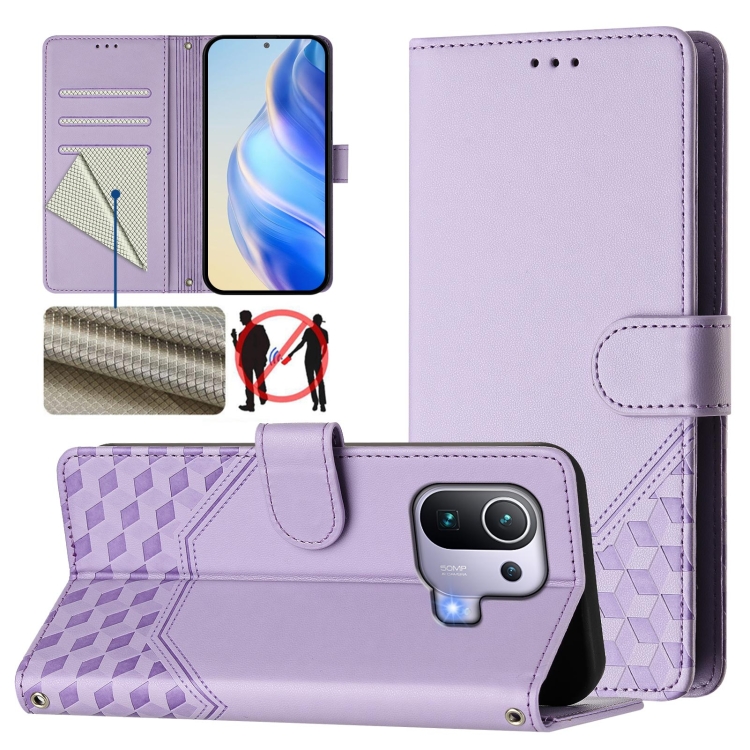 

For Xiaomi Mi 11 Pro Honeycomb Embossing RFID Leather Phone Case(Light Purple)