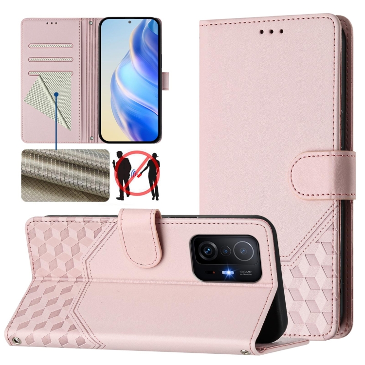 

For Xiaomi 11T / 11T Pro Honeycomb Embossing RFID Leather Phone Case(Pink)