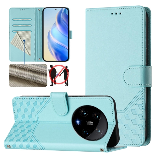 

For Xiaomi 14 Ultra 5G Honeycomb Embossing RFID Leather Phone Case(Mint Green)