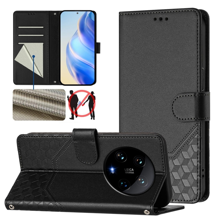 

For Xiaomi 14 Ultra 5G Honeycomb Embossing RFID Leather Phone Case(Black)