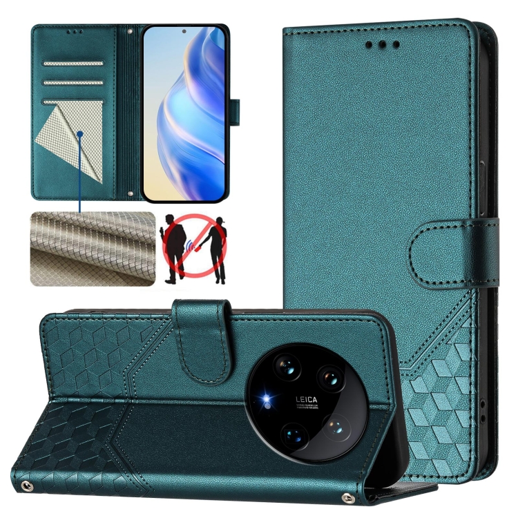 

For Xiaomi 14 Ultra 5G Honeycomb Embossing RFID Leather Phone Case(Peacock Green)